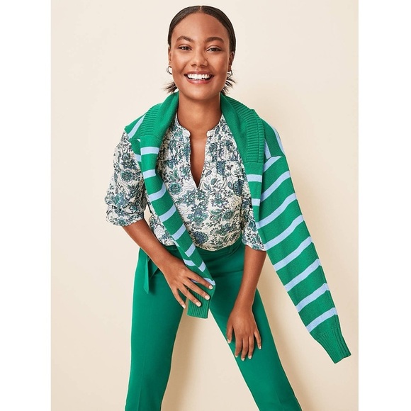 NWT LOFT Striped Drop Shoulder Boatneck Sweater Kelly Green Light Blue - Picture 4 of 13